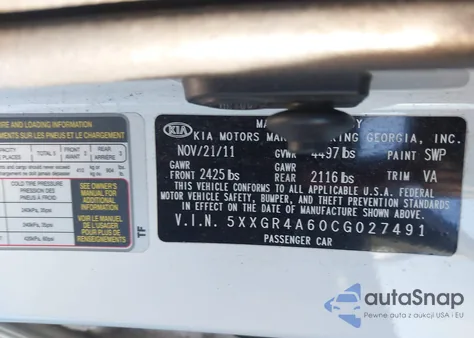 2012 Kia Optima Sx z USA, uszkodzony, nr VIN 5XXGR4A60CG027491